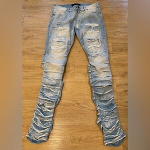 Focus Men’s Distressed Vintage Flare Stacked Denim Biker Jeans Blue 32 x 36